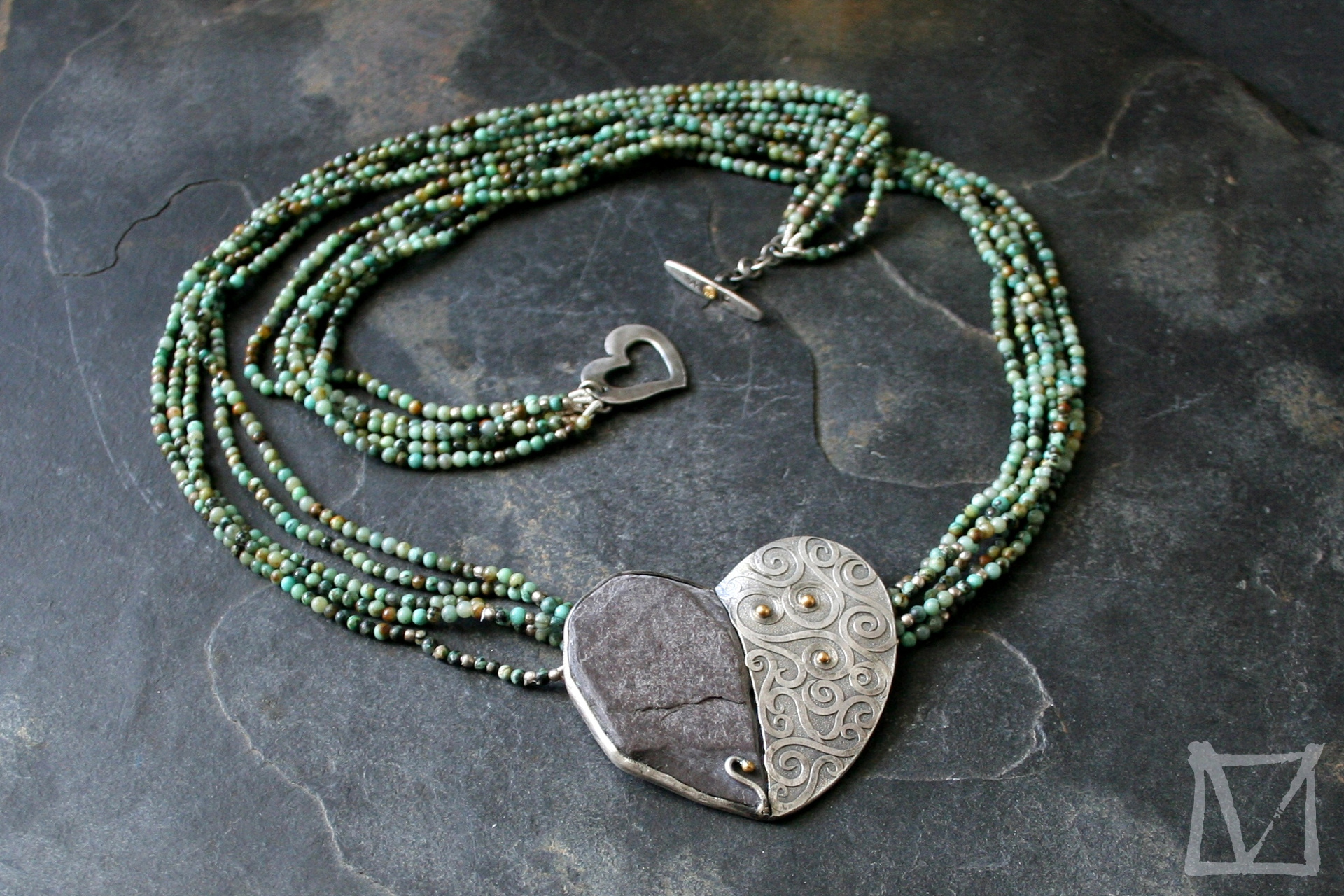lost love found,necklace, piece of slate found on the beach in the shape of half of a heart, sterling silver, fine silver,22ct gold, turquoise beads