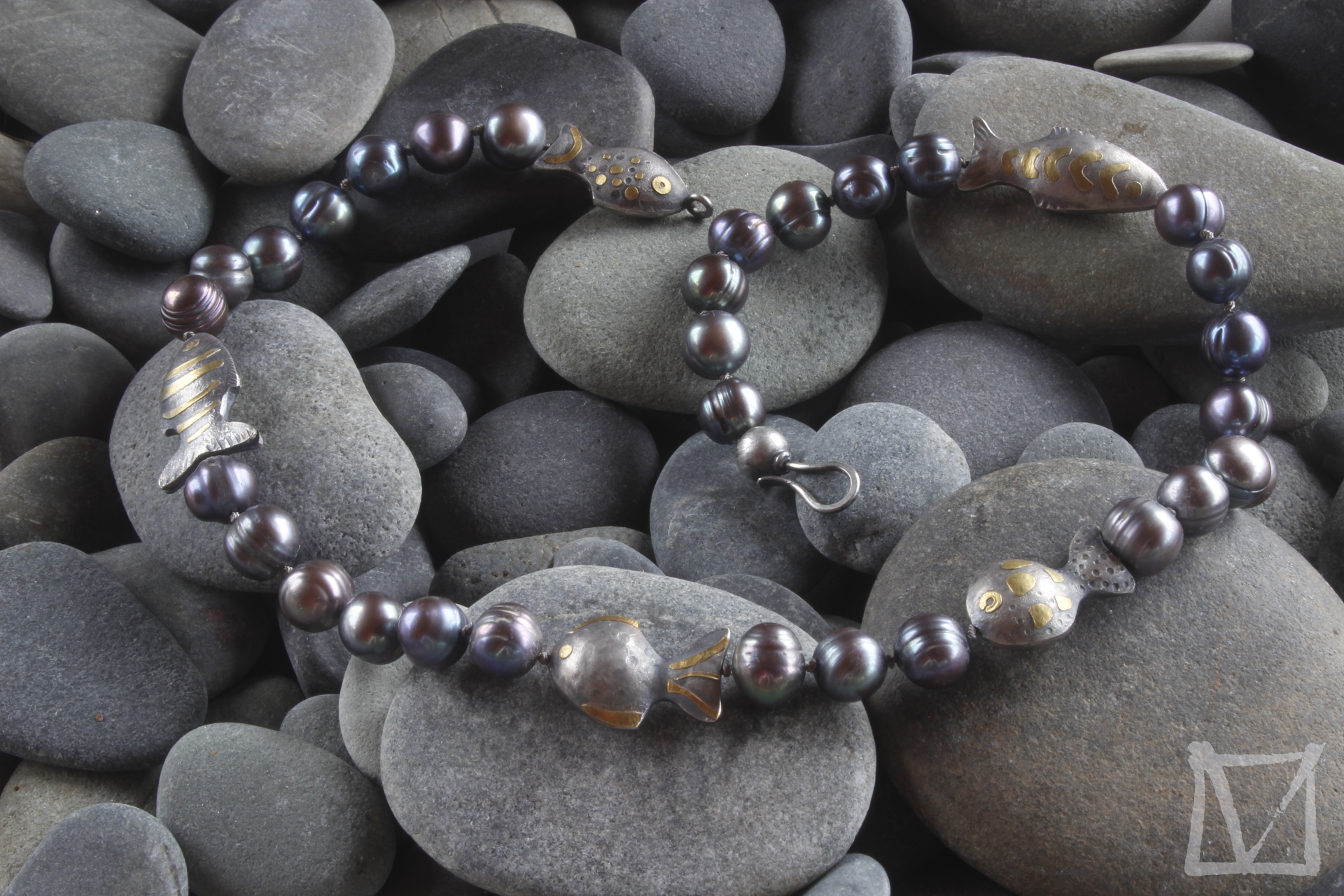 necklace, thahitian pearls, sterling silver, 22ct gold Maike Valcarcel Goldsmith Hout Bay